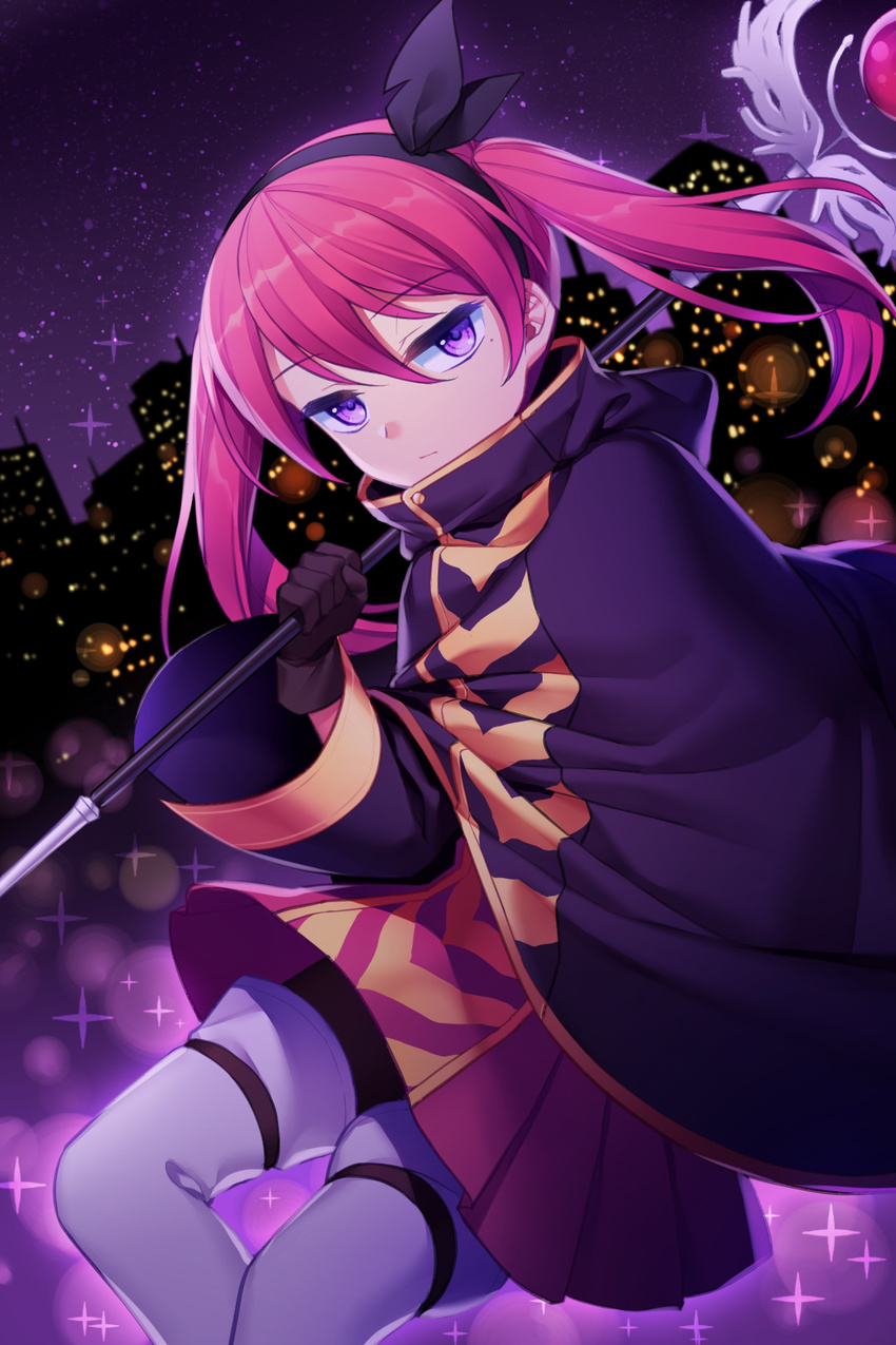 1boy americano_beans americano_exodus bow cape city cityscape commentary expressionless feet_out_of_frame hairbow highres holding holding_staff jenevan jitome looking_at_viewer male_focus medium_hair night night_sky otoko_no_ko pink_hair pink_skirt purple_eyes skirt sky solo staff star_(sky) starry_sky thighhighs twintails white_thighhighs wide_sleeves