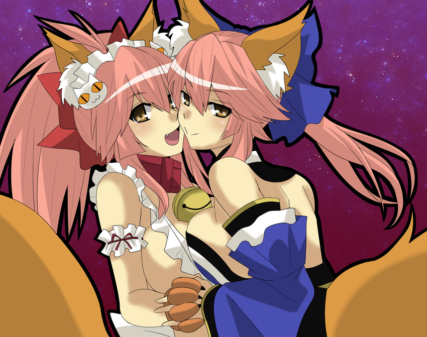 2girls animal_ears animal_hands apron bell blush breast_press breasts cleavage collar commentary_request detached_sleeves dual_persona fate/extra fate/extra_ccc fate/grand_order fate_(series) fox_ears fox_tail hair_ribbon highres japanese_clothes large_breasts long_hair looking_at_viewer maid_headdress matsudora124 multiple_girls naked_apron neck_bell open_mouth pink_hair ribbon sideboob sky star_(sky) star_(symbol) starry_sky symmetrical_docking tail tamamo_(fate) tamamo_cat_(fate) tamamo_cat_(third_ascension)_(fate) tamamo_no_mae_(fate/extra) yellow_eyes