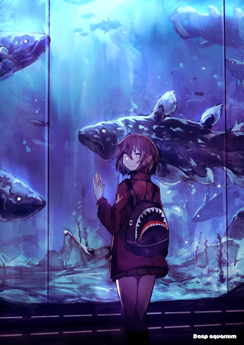 against_glass aquarium backpack bag coelacanth commentary_request female fish glass highres jacket looking_at_viewer looking_back original pleated_skirt red_hair sanshouuo short_hair skirt smile solo teeth themed_object water