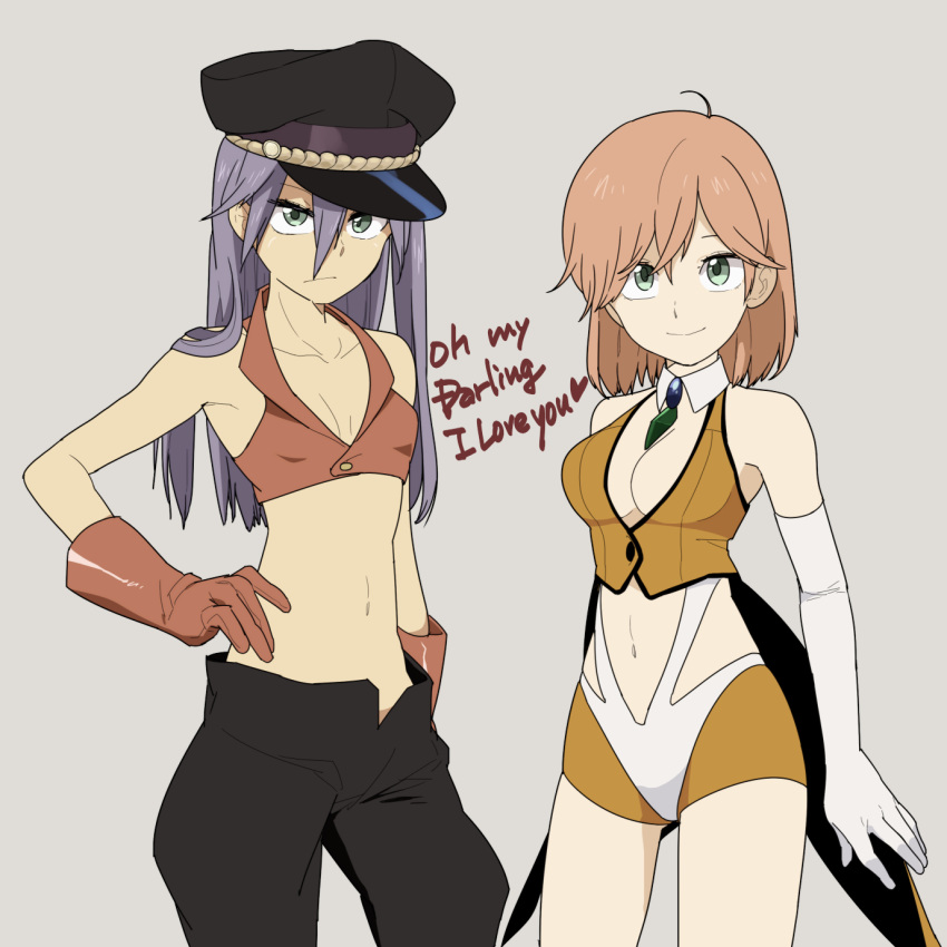 2girls ahoge bakuretsu_hunters black_hat black_pants breasts chocolate_misu chocolate_misu_(cosplay) cleavage closed_mouth coattails collarbone commentary_request cosplay cowboy_shot crop_top detached_collar elbow_gloves english_text faris_scherwiz final_fantasy final_fantasy_5 frown gem gloves green_eyes hair_between_eyes hand_on_own_hip hat heart highres legs_apart lenna_charlotte_tycoon looking_at_viewer medium_breasts midriff multiple_girls navel open_fly pants peaked_cap pink_hair purple_hair red_gloves regain siblings simple_background sisters small_breasts smile standing stomach straight_hair tira_misu tira_misu_(cosplay) white_gloves