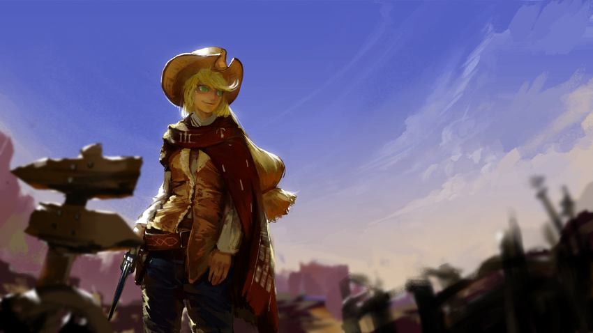 a_fistful_of_dollars aci_(hyc123cyh321) applejack_(mlp) bad_id bad_pixiv_id commentary cosplay cowboy_western female gun handgun highres long_hair man_with_no_name man_with_no_name_(cosplay) my_little_pony my_little_pony:_friendship_is_magic outdoors personification solo weapon