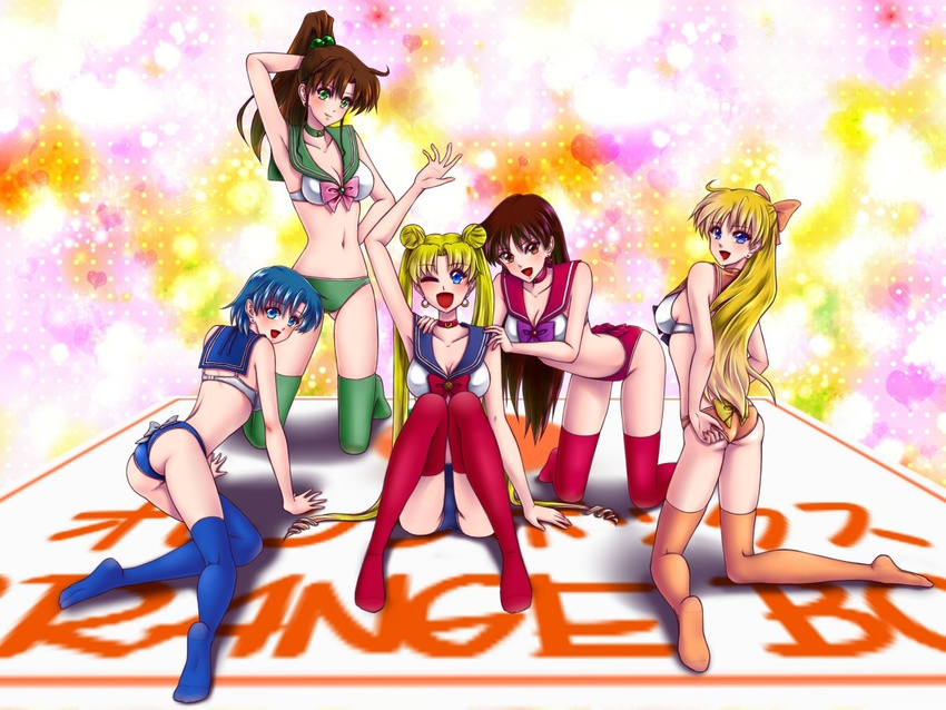 5girls :d adapted_costume adjusting_clothes adjusting_panties aino_minako arm_behind_head ass bishoujo_senshi_sailor_moon blonde_hair blue_eyes blue_footwear blue_hair blue_panties blue_sailor_collar blue_thighhighs blush boots bow bra breasts brown_eyes brown_hair choker cleavage commentary_request earrings green_choker green_eyes green_legwear green_panties green_sailor_collar h@ruki hair_bobbles hair_ornament hairbow hino_rei inner_senshi jewelry kino_makoto kneeling long_hair medium_breasts midriff mizuno_ami multiple_girls one_eye_closed open_mouth orange_choker orange_legwear orange_panties panties pink_bow ponytail red_bow red_choker red_legwear red_panties red_sailor_collar sailor_collar sailor_jupiter sailor_mars sailor_mercury sailor_moon sailor_moon_narikiri_bra_set sailor_senshi sailor_senshi_uniform sailor_venus short_hair sitting smile thighhighs tsukino_usagi twintails underwear underwear_only very_long_hair white_bra