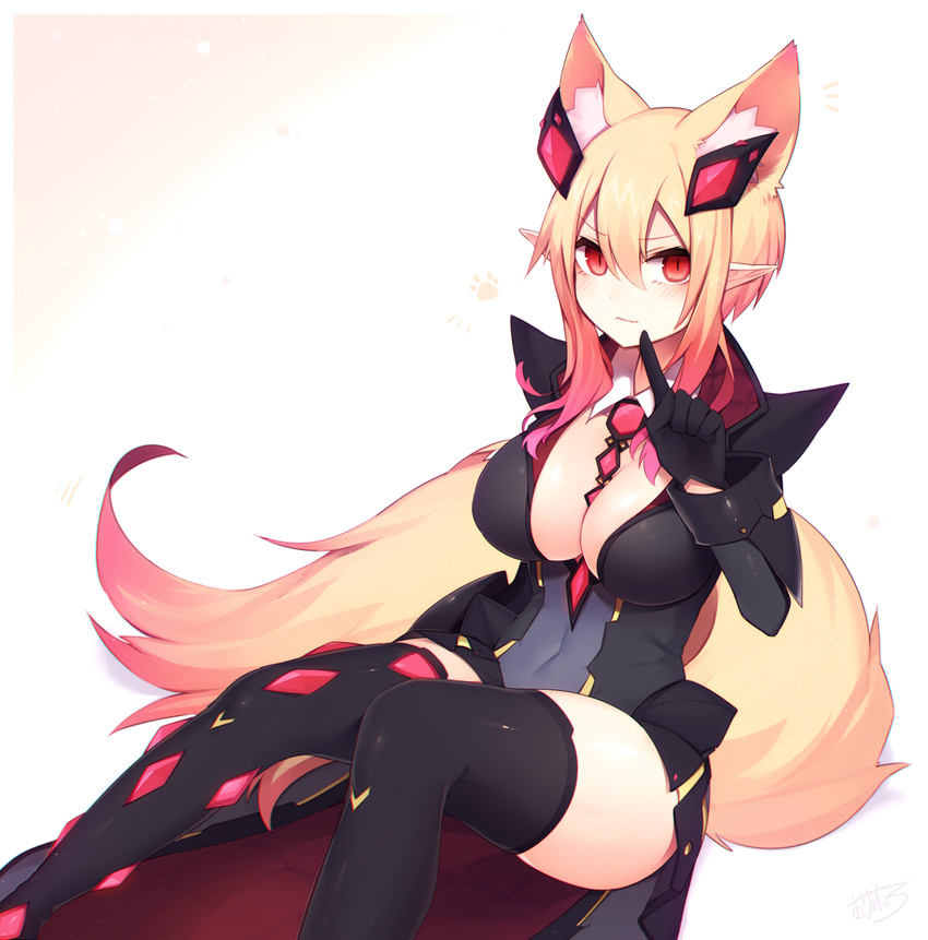 animal_ear_fluff animal_ears between_breasts black_legwear blonde_hair blush breasts cleavage covered_navel dark_falz_apprentice extra_ears fox_ears fox_tail gloves gradient_hair highres index_finger_raised large_breasts looking_at_viewer mismatched_legwear multicolored_hair muryotaro paw_print phantasy_star phantasy_star_online_2 pink_hair pointing pointy_ears red_eyes short_hair_with_long_locks signature sitting solo tail thighhighs