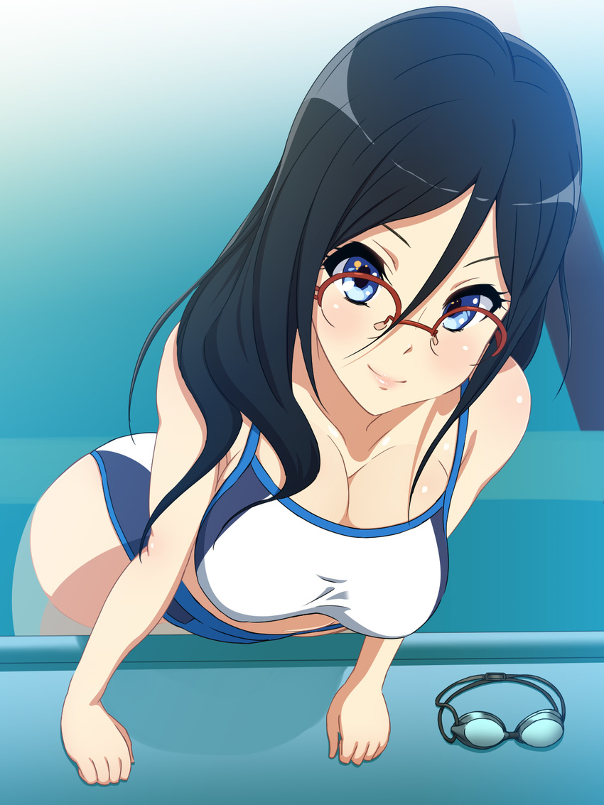 bare_shoulders black_hair blue_eyes blush breasts cleavage female glasses goggles gradient gradient_background hibike!_euphonium large_breasts legs long_hair looking_at_viewer over-rim_glasses partially_submerged pool red-framed_glasses semi-rimless_glasses shiny shiny_skin smile solo standing swimsuit tanaka_asuka thighs water yuki_(12cut)