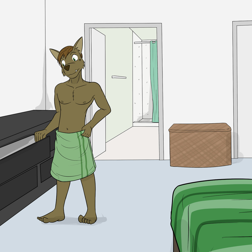 1:1 bed bedroom better_version_at_source canid canine canis clothed clothing domestic_dog drawers fangs floor furniture fuze hi_res inside male mammal markings nude shower teeth topless towel