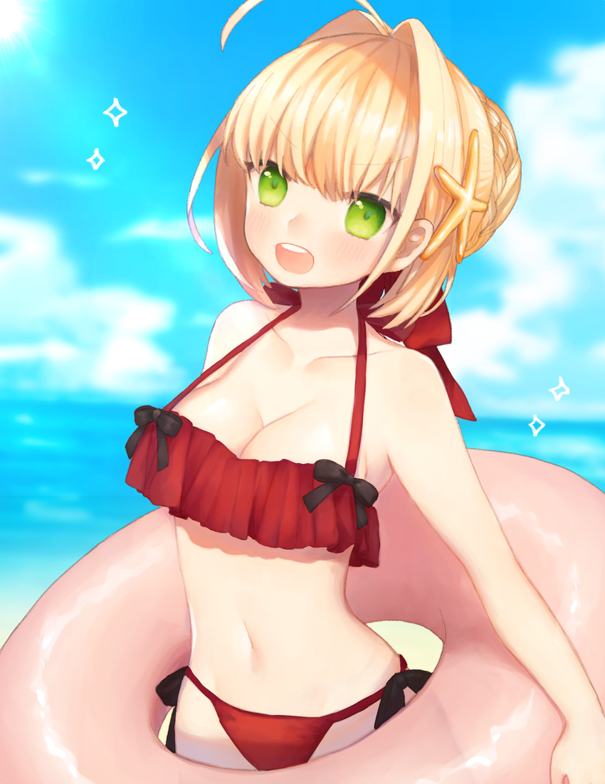 ahoge bad_id bad_pixiv_id bikini blonde_hair breasts cleavage commentary_request cowboy_shot fate/extra fate/extra_ccc fate_(series) female frilled_bikini frills green_eyes highres innertube looking_at_viewer medium_breasts munuko nero_claudius_(fate) nero_claudius_(fate/extra) open_mouth outdoors red_bikini solo sparkle swim_ring swimsuit