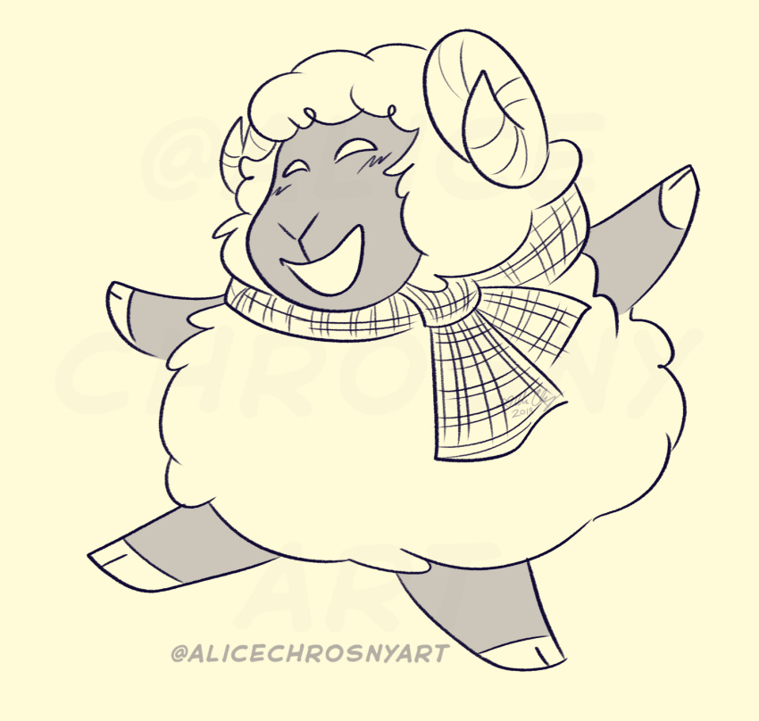 2018 alice_chrosny ambiguous_gender animal_crossing anthro biped blush bovid caprine closed_eyes cloven_hooves curved_horn digital_drawing_(artwork) digital_media_(artwork) domestic_sheep front_view full-length_portrait fur happy hi_res hooves horn mammal monochrome mostly_nude nintendo open_mouth open_smile plaid portrait scarf scarf_only sheep simple_background smile snout solo spread_arms spread_legs spreading toony vesta_(animal_crossing) wide_stance wool_(fur) yellow_and_white yellow_background