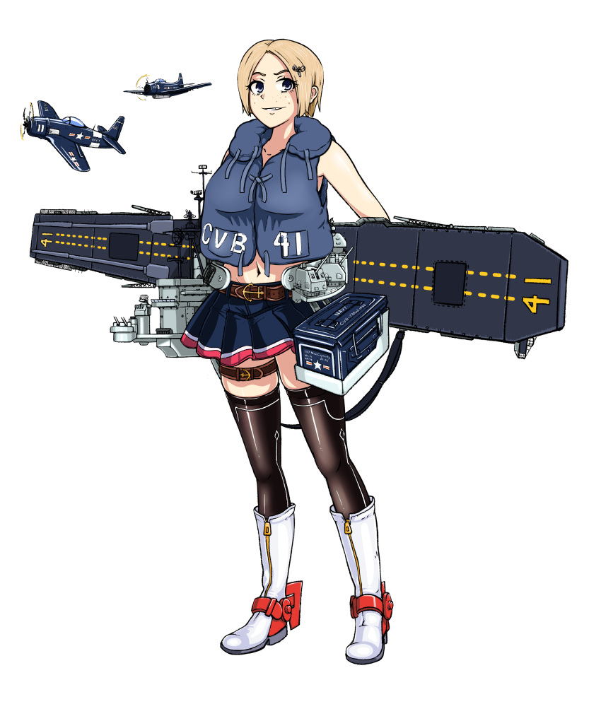 a-1_skyraider absurdres aircraft airplane ammunition_box anchor_ornament anti-aircraft_gun artillery autocannon belt black_thighhighs blonde_hair blue_eyes blue_skirt bofors_40_mm_gun boots breasts brown_belt cannon clothes_writing collarbone commentary english_commentary f8f_bearcat female flight_deck freckles full_body groin highres knee_boots large_breasts life_vest midriff miniskirt naked_vest navel original personification pleated_skirt radar radar_hair_ornament rigging rudder_footwear short_hair skindentation skirt smirk solo stacking_mann thigh_belt thigh_strap thighhighs torpedo transparent_background turtleneck uss_midway_(cv-41)_(personification) vest white_footwear