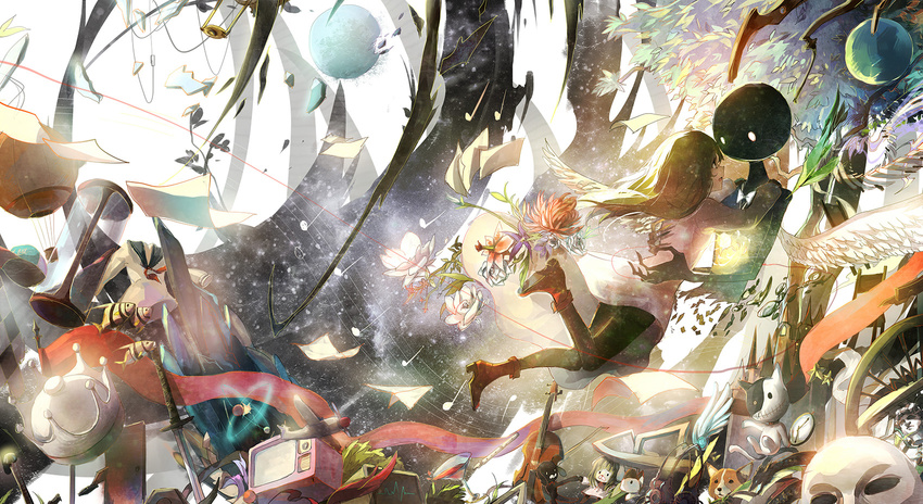 alice_(deemo) canine commentary crown cup deemo deemo_(character) dress drinking_glass female fish flower highres instrument mask notes paper_airplane photoshop_(medium) shoes sishenfan stuffed_toy sword violin weapon white_dress white_wings wine_glass wings