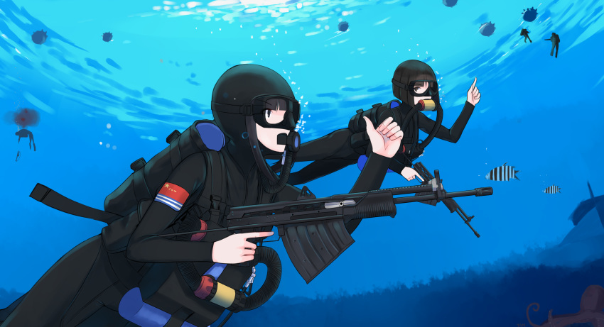 2girls air_bubble aps_rifle bad_id bad_pixiv_id blood blunt_bangs bob_cut bodysuit bubble commentary death diving_hood diving_mask diving_regulator diving_suit fish fisheye frogman goggles gun highres military multiple_girls nguyen_tam_lee octopus original people's_liberation_army people's_liberation_army_navy pointing pointing_up rebreather scuba signature silhouette soldier swimming thumbs_up trigger_discipline underwater weapon wetsuit