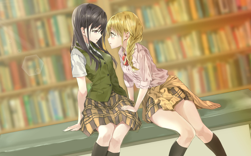 2girls aihara_academy_school_uniform aihara_mei aihara_yuzu black_eyes black_hair black_legwear black_necktie blonde_hair blurry blurry_background bookshelf bow bowtie braid citrus_(saburouta) commentary_request dutch_angle eye_contact face-to-face fujisaki_ribbon hair_over_shoulder hand_on_another's_leg highres inseki kneehighs leaning library long_hair looking_at_another multiple_girls necktie pink_shirt plaid plaid_skirt red_bow red_bowtie school_uniform shirt short_sleeves single_braid sitting skirt socks step-siblings step-sisters sweater_vest yuri