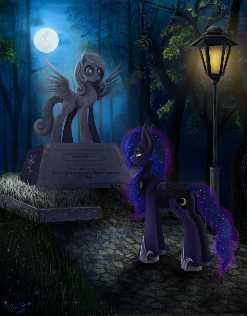 2015 alicorn blue_body blue_eyes blue_feathers blue_fur blue_hair bodily_fluids cosmic_hair crying cutie_mark das-leben detailed_background english_text equid equine ethereal_hair fan_character feathered_wings feathers female feral forest friendship_is_magic fur grass hair hasbro hi_res horn jewelry lamp light mammal monument moon my_little_pony mythological_creature mythological_equine mythology necklace night outside plant princess_luna_(mlp) pseudo_hair sculpture sky snowdrop_(character) solo sparkles statue tears text tree upset wings