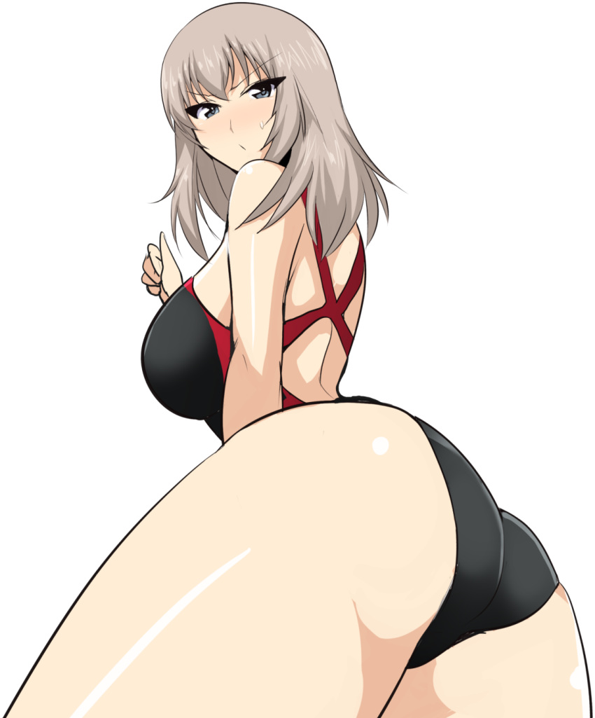 annoyed ass black_one-piece_swimsuit blue_eyes blush breasts clenched_hand closed_mouth commentary_request competition_swimsuit female frown girls_und_panzer grey_hair hifumi_hajime highres itsumi_erika long_hair looking_at_viewer looking_back medium_breasts one-piece_swimsuit sideboob simple_background solo standing sweatdrop swimsuit white_background