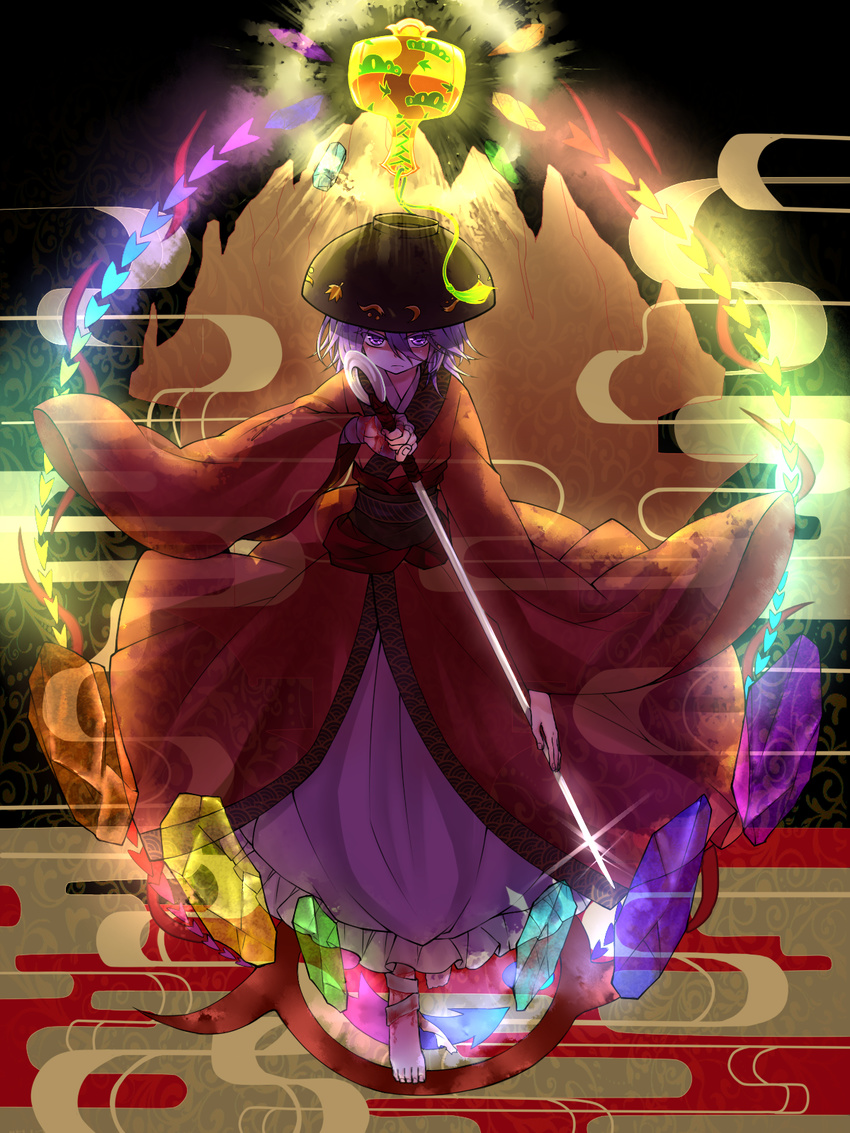 bandages barefoot blood chinese_commentary commentary_request crystal female full_body highres holding holding_needle japanese_clothes kimono ko_kita long_sleeves looking_at_viewer miracle_mallet needle obi object_on_head purple_eyes purple_hair sash short_hair solo sukuna_shinmyoumaru touhou wide_sleeves