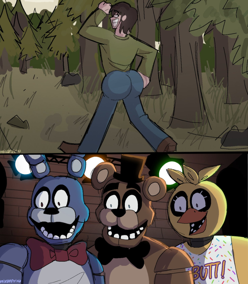 1girls 3boys animanstudios animatronic ass axel_in_harlem big_ass big_butt bonnie_(fnaf) brown_hair butt chica_(fnaf) fat_ass fat_butt female five_nights_at_freddy's five_nights_at_freddy's_(film) freddy_(fnaf) fully_clothed funny gay huge_ass huge_butt i_put_the_new_forgis_on_the_jeep looking_back male male_focus meme mike_schmidt mixanprixa thick_ass thick_butt vamonos_de_fiesta_a_factory walking_away