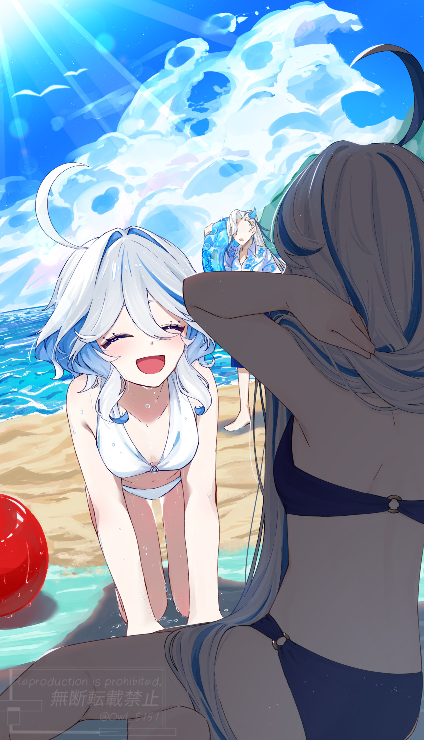 1boy 2girls :d absurdres all_fours ball beach beachball bikini blue_bikini blue_hair blue_sky breasts closed_eyes cloud collarbone cowlick day focalors_(genshin_impact) furina_(genshin_impact) genshin_impact highres innertube light_blue_hair long_hair multiple_girls neuvillette_(genshin_impact) o-ring o-ring_bikini ocean open_mouth outdoors owl_5151 shade sitting sky small_breasts smile sunlight swim_ring swimsuit twitter_username wavy_hair wet white_bikini white_hair yokozuwari