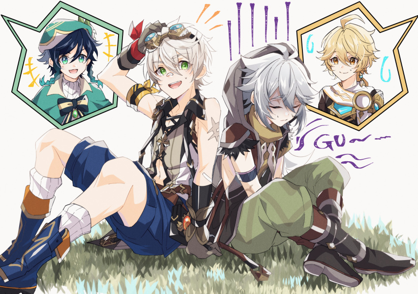 4boys aether_(genshin_impact) aqua_eyes aqua_hair bandaid bandaid_on_face bandaid_on_nose bennett_(genshin_impact) black_bow black_bowtie black_hair blonde_hair blue_footwear blue_shorts bow bowtie braid brown_gloves brown_hood brown_shirt closed_eyes earrings genshin_impact gloves goggles goggles_on_head gradient_hair green_eyes green_hat green_shorts hair_between_eyes hat highres hood hood_up jewelry long_hair male_focus mizuamememe multicolored_hair multiple_boys on_grass open_mouth razor_(genshin_impact) scar scarf shirt short_hair shorts smile stomach_growling twin_braids venti_(genshin_impact) white_background white_hair white_scarf