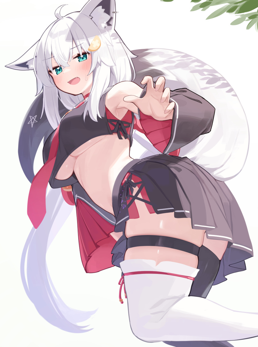 absurdres ahoge animal_ear_fluff animal_ear_piercing animal_ears aqua_eyes black_serafuku black_shirt black_skirt black_sleeves black_thighhighs blush breasts commentary_request cosplay cropped_shirt cross-laced_slit crossed_bangs deaver detached_sleeves double-parted_bangs female fox_ears fox_girl fox_tail fusion hair_between_eyes hair_ornament hairclip highres hololive large_breasts long_hair looking_at_viewer low_ponytail midriff miniskirt mismatched_thighhighs necktie ookami_mio ookami_mio_(1st_costume) ookami_mio_(cosplay) pentagram pleated_skirt red_necktie school_uniform serafuku shirakami_fubuki shirt side_slit sidelocks simple_background skirt sleeveless sleeveless_shirt solo tabi tail thigh_strap thighhighs underboob underwear very_long_hair virtual_youtuber white_background white_hair white_thighhighs wide_sleeves