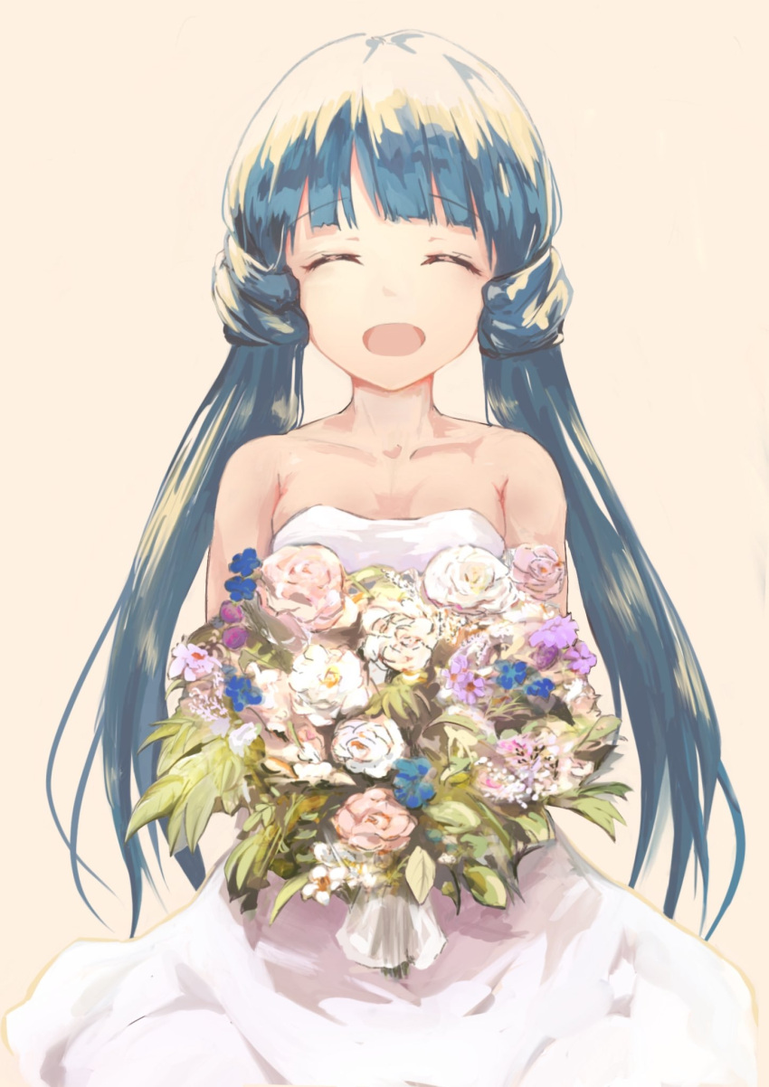 ^_^ bare_shoulders blue_flower blue_hair bouquet breasts cleavage closed_eyes collarbone dot_nose dress female flower highres holding holding_bouquet idolmaster idolmaster_million_live! idolmaster_million_live!_theater_days kitakami_reika leaf light_brown_background long_hair low_twintails medium_breasts open_mouth pink_flower purple_flower simple_background smile solo strapless strapless_dress twintails very_long_hair white_dress white_flower wumu1807