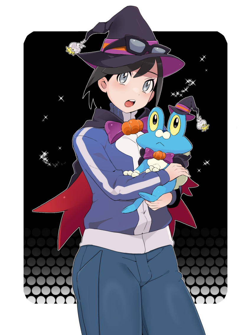 1boy :o black-framed_eyewear black_capelet black_hair blue_jacket calem_(pokemon) capelet commentary_request cowboy_shot eyewear_on_headwear froakie glasses grey_eyes hat highres holding holding_pokemon jacket long_sleeves male_focus open_mouth pants pokemon pokemon_(creature) pokemon_xy sana_(37pisana) short_hair teeth upper_teeth_only wizard_hat