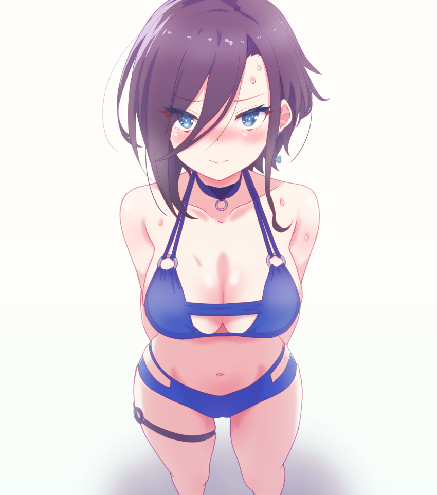 arbiter1 ark_royal_(azur_lane) arms_behind_back azur_lane bare_shoulders bikini black_hair blue_choker blue_eyes blush breasts choker cleavage female from_above hair_over_one_eye highres large_breasts looking_at_viewer navel short_hair simple_background solo stomach sweat swimsuit thigh_strap white_background