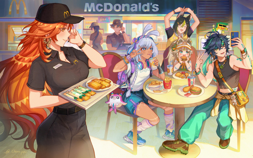 3boys 4girls absurdres ajaw_(genshin_impact) antenna_hair arms_up backpack bag baseball_cap black_hair black_hat black_pants black_shirt black_tank_top blue_footwear blue_shorts breasts burger chair chicken_nuggets chinnpou clorinde_(genshin_impact) dark_skin drinking food french_fries genshin_impact green_pants grey_hair grin hat headband highres holding holding_tray kachina_(genshin_impact) kinich_(genshin_impact) long_hair mavuika_(genshin_impact) mcdonald's medium_breasts mualani_(genshin_impact) multiple_boys multiple_girls orange_hair pants shirt shoes short_sleeves shorts smile socks table tank_top tattoo tighnari_(genshin_impact) tray v very_long_hair white_shirt white_socks wriothesley_(genshin_impact)