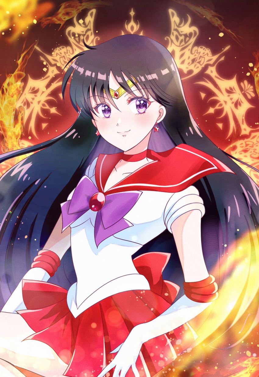 \||/ bishoujo_senshi_sailor_moon black_hair blurry bokeh bow bowtie choker circlet closed_mouth collar collarbone commentary_request depth_of_field earrings elbow_gloves female fire forehead gem gloves highres hino_rei inner_senshi jewelry knee_up long_hair looking_to_the_side magic_circle magical_girl pleated_skirt purple_bow purple_bowtie purple_eyes red_background red_choker red_collar red_gemstone red_skirt sailor_mars sailor_senshi sailor_senshi_uniform shadow shiiba_itsuki short_sleeves skirt smile solo sparkle standing standing_on_one_leg star_(symbol) star_earrings thighs white_gloves