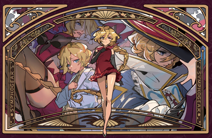 aged_up black_gloves blonde_hair blue_eyes border carol_malus_dienheim coat copyright_name dress elbow_gloves female floating_hair gloves hair_between_eyes hat long_hair looking_at_viewer mole mole_under_eye multiple_views ornate_border red_dress senki_zesshou_symphogear thighs thundergotch very_long_hair white_coat