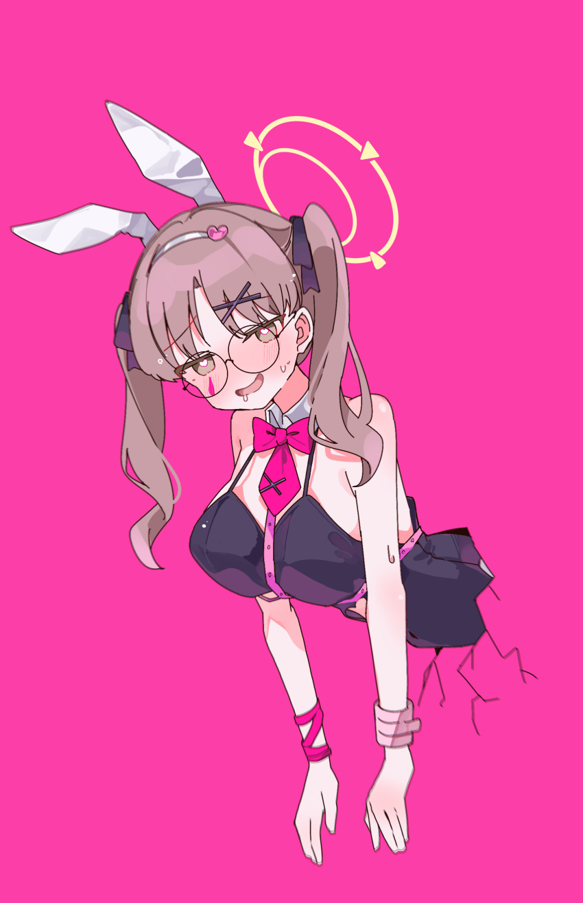 absurdres alternate_costume animal_ears black_leotard blue_archive blush breasts brown_eyes brown_hair detached_collar fake_animal_ears female glasses hair_ornament halo highres large_breasts leotard long_hair moe_(blue_archive) open_mouth pink_background playboy_bunny rabbit_ears rabbit_hole_(vocaloid) rco_as round_eyewear simple_background smile solo twintails white_background x_hair_ornament