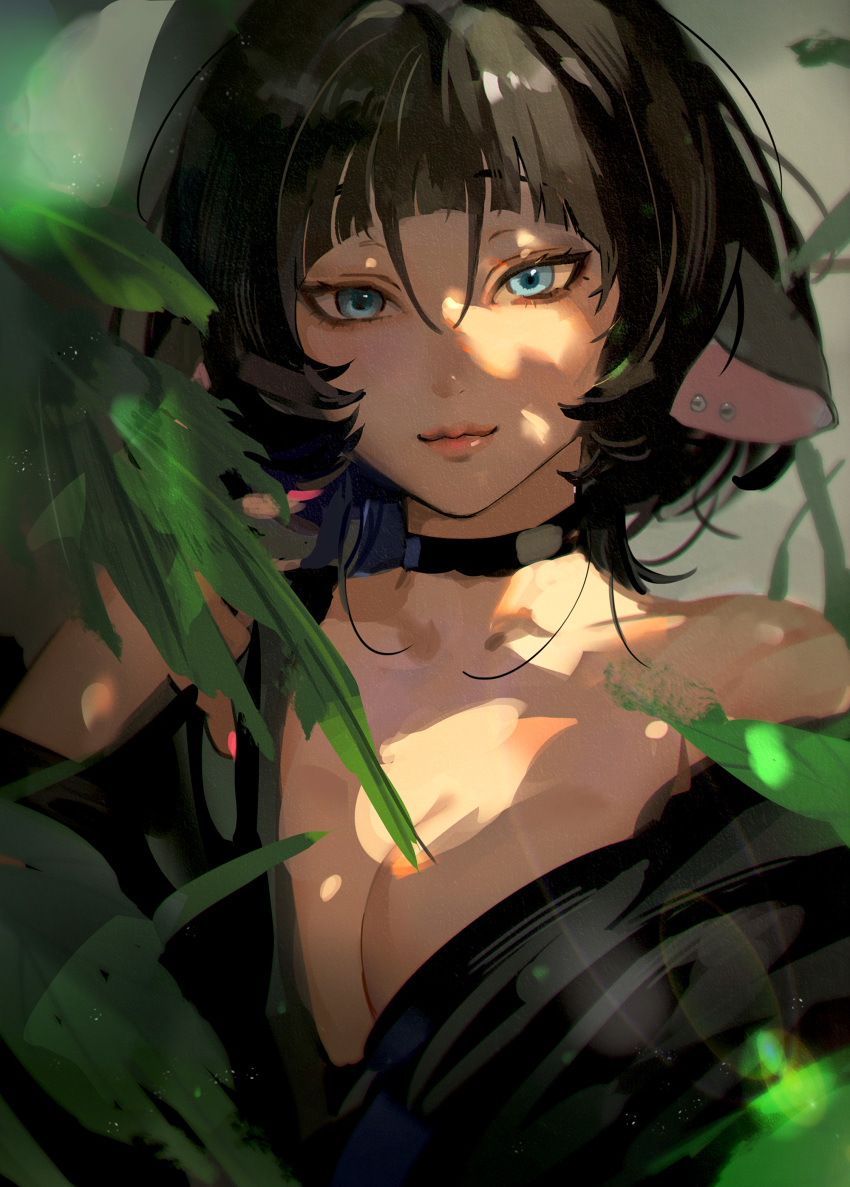 absurdres animal_ears banned_artist bao_(840bao) black_hair blue_eyes breasts collar female highres jane_doe_(zenless_zone_zero) long_hair looking_at_viewer mouse_ears mouse_girl plant smile solo zenless_zone_zero