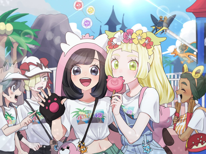 2girls 3boys :d alternate_costume aria_pkmn backpack bag bewear blonde_hair character_print charizard cloud commentary_request dark-skinned_male dark_skin day elio_(pokemon) eyelashes flower_wreath gladion_(pokemon) green_eyes grey_eyes hand_up hat hau_(pokemon) highres holding lens_flare lillie_(pokemon) minior multiple_boys multiple_girls open_mouth outdoors pink_bag pointing pokemon pokemon_sm print_shirt selene_(pokemon) shirt short_hair short_sleeves sky smile t-shirt teeth tongue upper_teeth_only vikavolt white_hat