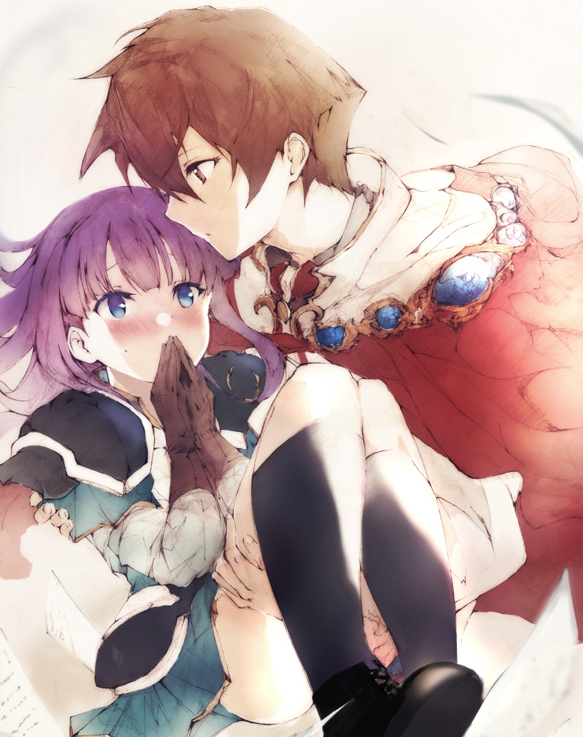 1boy agulo arlcoate_marius black_footwear black_thighhighs blue_eyes blush brown_gloves brown_hair cape carrying female gloves highres kaerunyo_panyon long_hair poron_chao princess_carry purple_hair rance_(series) rance_10 red_cape straight thighhighs