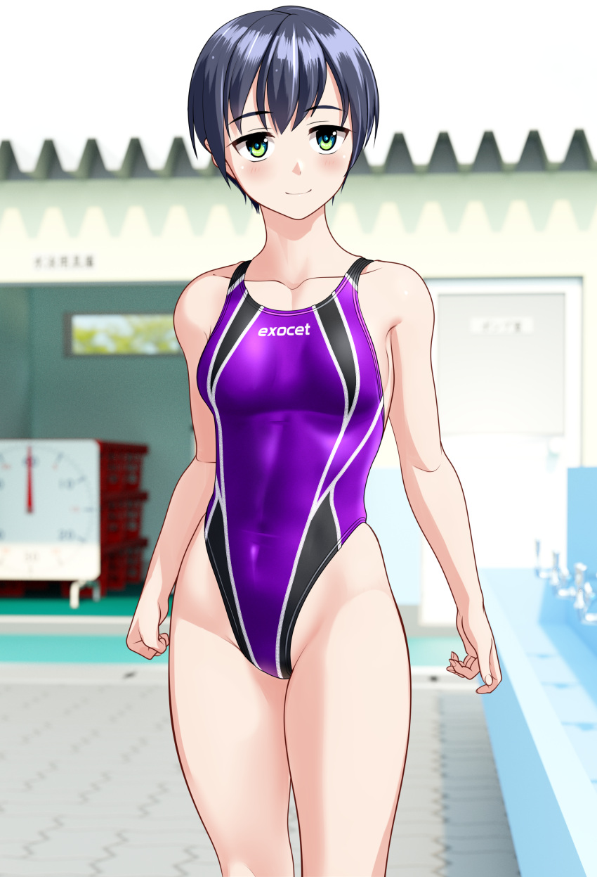 absurdres bench black_hair breasts clock clothes_writing commentary_request competition_swimsuit covered_navel cowboy_shot female green_eyes groin highleg highleg_one-piece_swimsuit highres multicolored_clothes multicolored_swimsuit one-piece_swimsuit original purple_one-piece_swimsuit short_hair small_breasts smile solo standing swimsuit takafumi variant_set