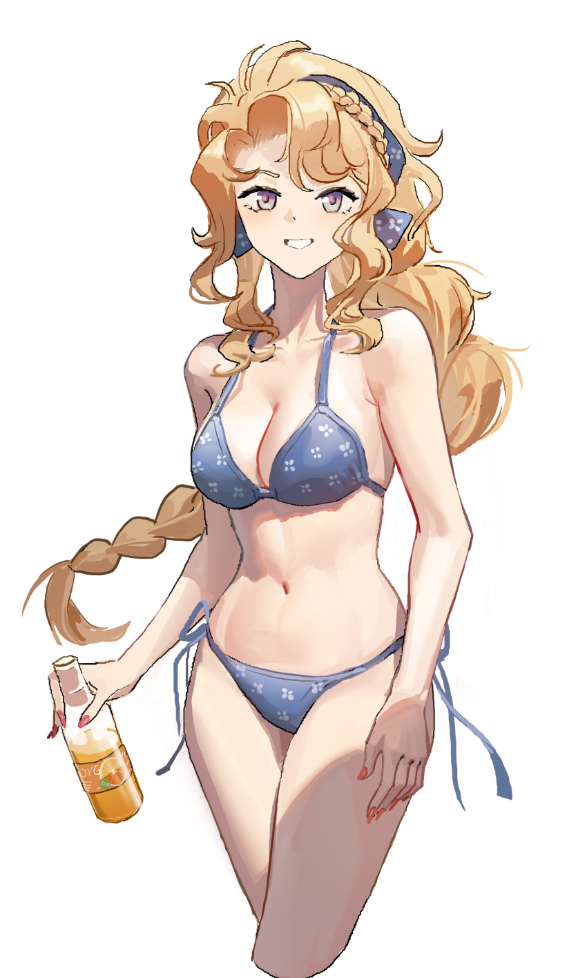 absurdres alternate_costume bare_arms bare_shoulders bikini blonde_hair blonney blue_bikini blue_hairband bottle breasts cleavage cowboy_shot cropped_legs drink female grin hairband highres holding holding_bottle holding_drink juice long_braid long_hair looking_at_viewer medium_breasts navel orange_juice orange_nails purple_eyes qingyi_jiang reverse:1999 side-tie_bikini_bottom smile solo stomach string_bikini swimsuit teeth very_long_hair white_background