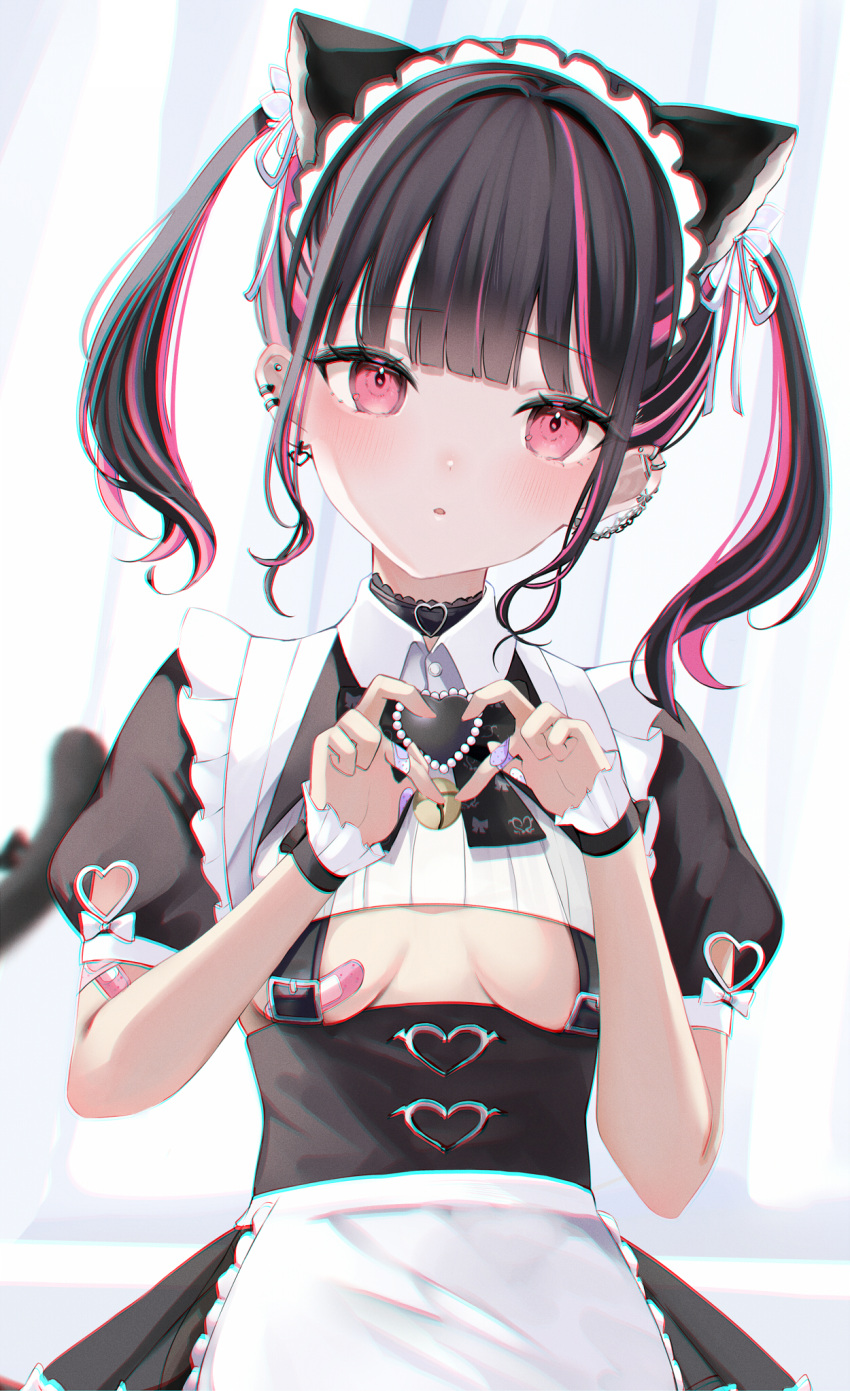 4-finger_heart_hands apron bandaid bandaid_on_breast black_choker black_hair black_shirt black_skirt black_wrist_cuffs blunt_bangs blush bow breasts choker commentary cowboy_shot eyelashes female frilled_apron frilled_wrist_cuffs frills hair_ribbon hands_up heart heart_choker heart_hands highres indie_virtual_youtuber looking_at_viewer maid maid_apron maid_headdress medium_breasts medium_hair multicolored_hair open_mouth pink_eyes pink_hair puffy_short_sleeves puffy_sleeves ribbon rikotan rikotan_(vtuber) shirt short_sleeves simple_background skirt sleeve_bow solo streaked_hair tsurime twintails underboob virtual_youtuber white_apron white_background white_bow white_ribbon wrist_cuffs