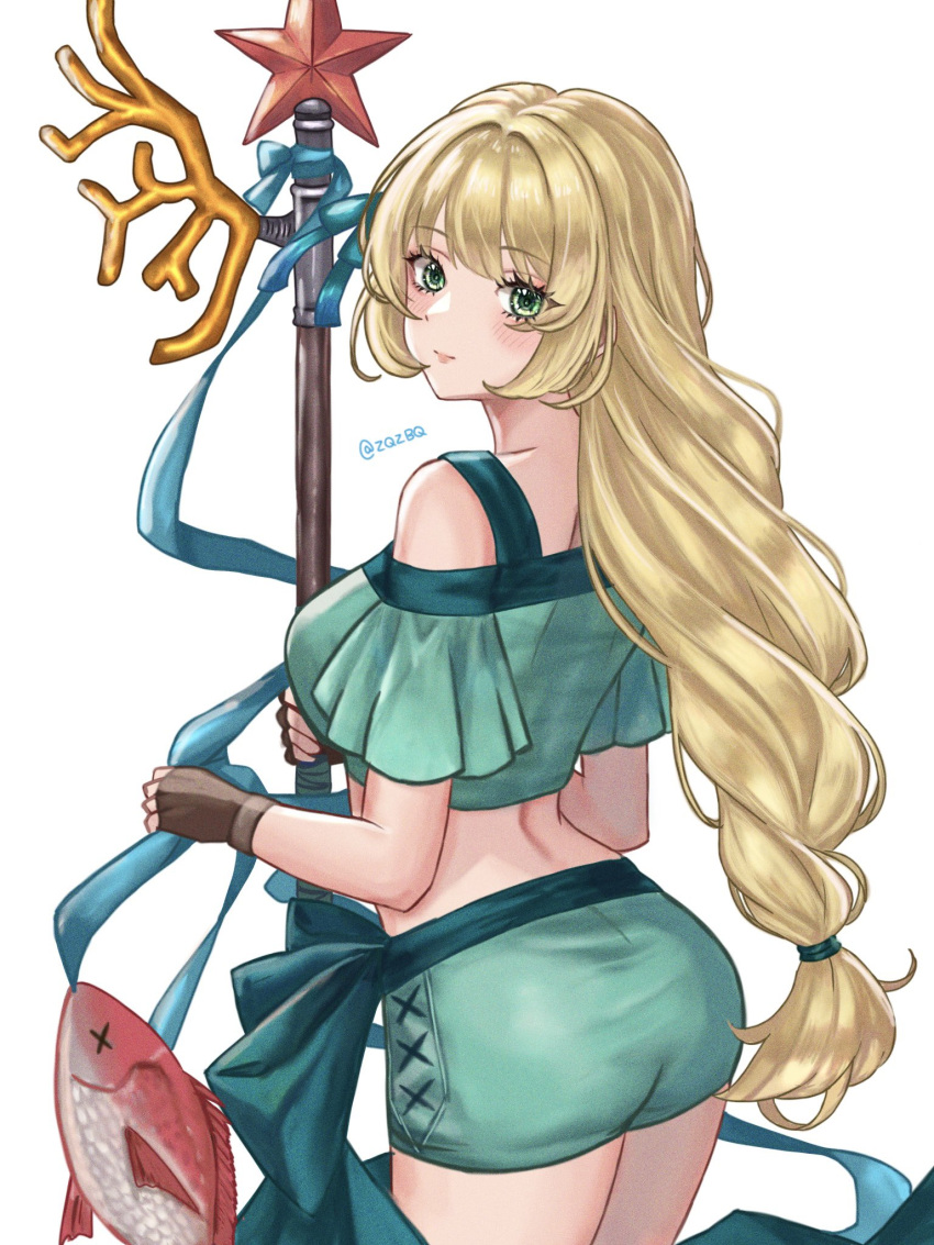 ass bare_shoulders bikini blonde_hair breasts commentary_request cowboy_shot crop_top female fingerless_gloves fire_emblem fire_emblem:_three_houses fire_emblem_heroes fish gloves green_bikini green_eyes green_shirt green_shorts highres ingrid_brandl_galatea ingrid_brandl_galatea_(summer) large_breasts long_hair looking_at_viewer midriff off-shoulder_shirt off_shoulder official_alternate_costume shirt short_shorts short_sleeves shorts simple_background solo standing swimsuit very_long_hair white_background zqzbq