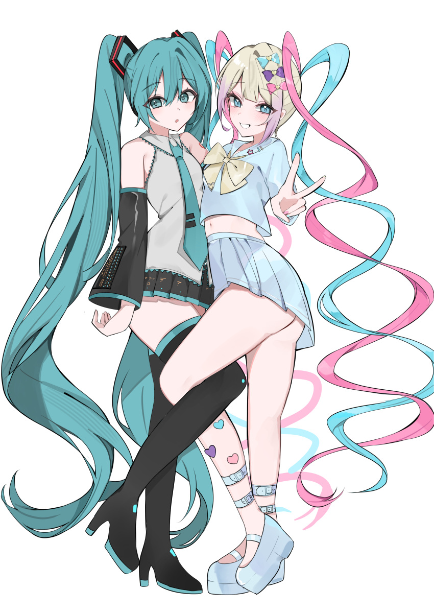 2girls absurdres aqua_eyes aqua_hair aqua_necktie aqua_skirt arm_tattoo ass bare_shoulders black_footwear black_skirt black_sleeves blue_sailor_collar blue_skirt blush boots bow bowtie chouzetsusaikawa_tenshi-chan collared_shirt commentary_request crop_top crossover detached_sleeves full_body grey_shirt grin hair_between_eyes hairbow hairstyle_connection hatsune_miku heart_sticker high_heel_boots high_heels highres interlocked_legs long_hair long_sleeves looking_at_viewer midriff miniskirt multicolored_hair multiple_girls multiple_hair_bows navel necktie needy_girl_overdose pink_hair platform_footwear pleated_skirt sailor_collar school_uniform serafuku shirt sidelocks simple_background skirt smile standing tattoo thigh_boots thighs tie_clip twintails two-tone_skirt v very_long_hair vocaloid waimoniku white_background yellow_bow yellow_bowtie