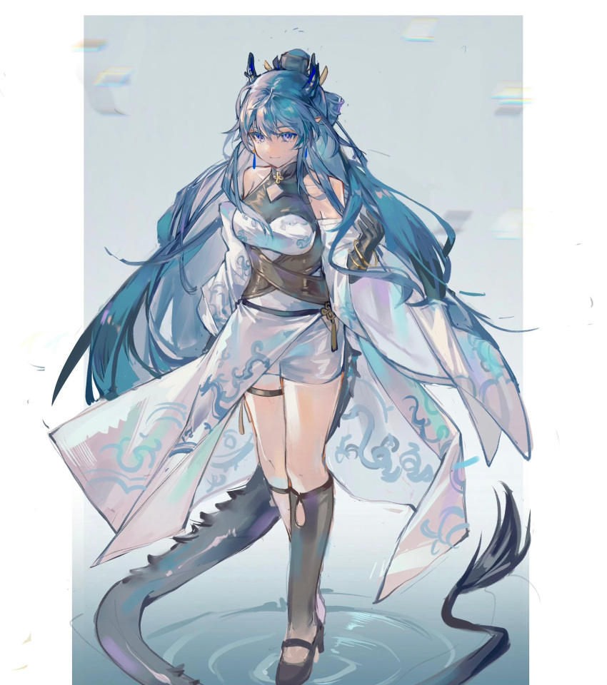 absurdres arknights bare_shoulders blue_eyes blue_hair chinese_clothes chinese_commentary commentary_request dragon_girl dragon_horns dragon_tail dress female full_body hanfu highres horns lin_qing_(phosphorus_1104) ling_(arknights) ling_(it_does_wash_the_strings)_(arknights) long_hair official_alternate_costume solo standing tail white_dress