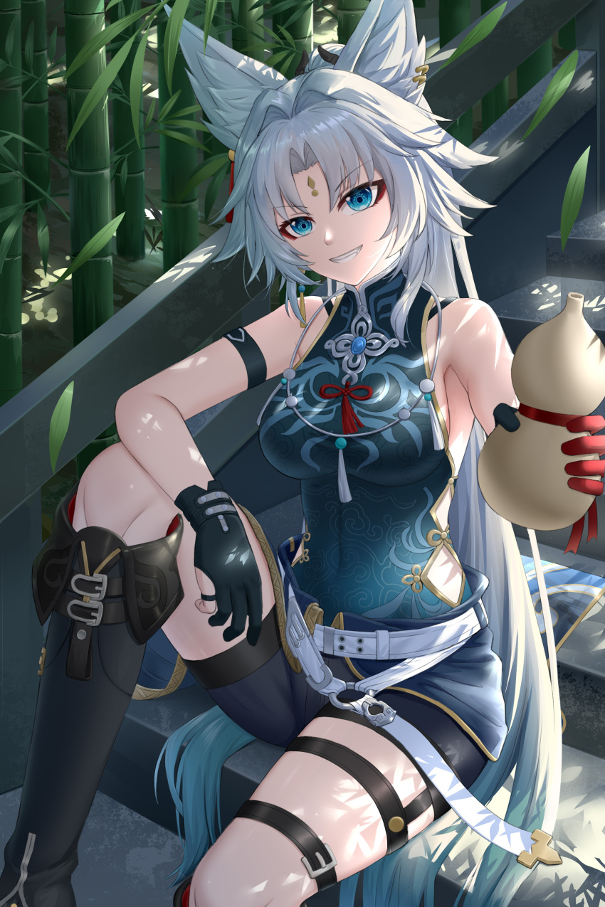 absurdres animal_ear_fluff animal_ears aqua_shirt arm_strap bamboo bare_shoulders belt black_footwear black_gloves black_shorts blue_eyes boots breasts feixiao_(honkai:_star_rail) female fox_ears gloves gourd grin highres holding holding_gourd honkai:_star_rail honkai_(series) knee_up looking_at_viewer medium_breasts shirt shorts sitting skym_(kumei) sleeveless sleeveless_shirt smile solo thigh_strap white_belt white_hair