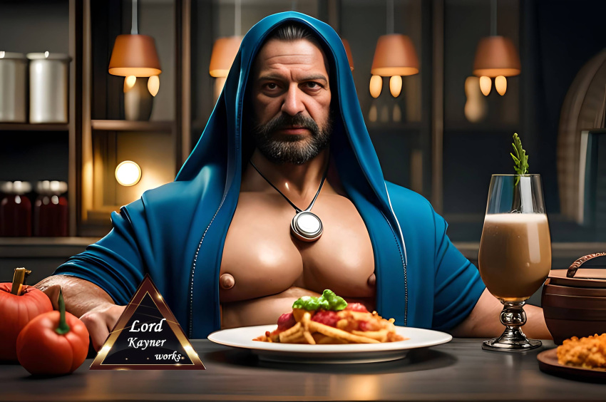 1boy 1male 3d abs ai_generated arab_male arabian arabian_clothes bara beard beefy black_hair blender bodybuilder clothed food gay hi_res highres male male_only middle_eastern muscular muscular_male nipple_bulge nipples original_character realistic sitting solo spaghetti thick vein visible_nipples