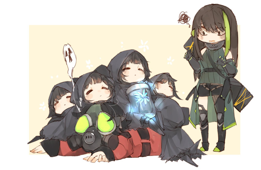 1other 6+girls black_hair chibi cloak commander_(girls'_frontline) dogpile flower gas_mask girls'_frontline giving_up_the_ghost griffin_&_kryuger_military_uniform highres isomer_(girls'_frontline) ki_lllorz m4a1_(girls'_frontline) m4a1_(mod3)_(girls'_frontline) mask multicolored_hair multiple_girls nyto_(girls'_frontline) paradeus particle_cannon_case short_hair simple_background skull_mask sleeping squiggle streaked_hair wide_face