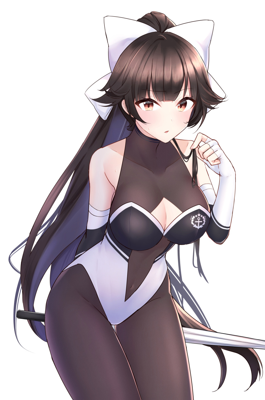 absurdres azur_lane black_hair black_pantyhose bodystocking bow breasts brown_eyes cleavage_cutout clothing_cutout commentary_request cowboy_shot female hair_flaps highres jyu-so large_breasts leaning_forward long_hair looking_at_viewer multicolored_leotard official_alternate_costume pantyhose race_queen ribbon simple_background solo takao_(azur_lane) takao_(full_throttle_charmer)_(azur_lane) thigh_gap two-tone_leotard umbrella white_background white_bow white_ribbon