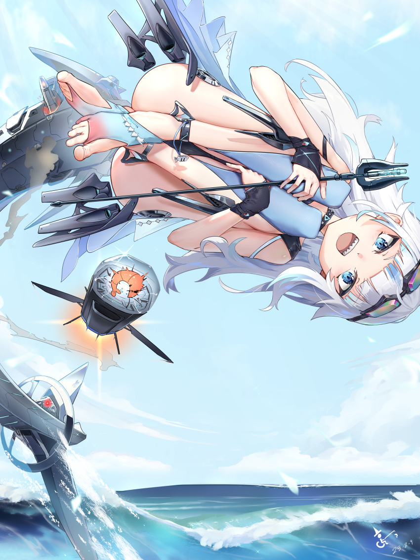 absurdres aircraft black_choker black_gloves black_one-piece_swimsuit blue_eyes blue_hair blue_socks choker dated ebi-chan_(gawr_gura) feet female fingerless_gloves fins fish_tail gawr_gura gloves goggles goggles_on_head gradient_legwear hands_on_own_knees highres holding_trident hololive hololive_english knees_up legs long_hair looking_at_viewer md5_mismatch mechanical_parts mechanical_tail midair multicolored_hair no_shoes ocean one-piece_swimsuit open_mouth partially_toeless_legwear qiaogun_damodao red_socks shark_girl shark_tail sharp_teeth smile socks solo spread_toes streaked_hair swimsuit tail teeth toenails toes two-tone_hair two-tone_socks upper_teeth_only virtual_youtuber water white_hair