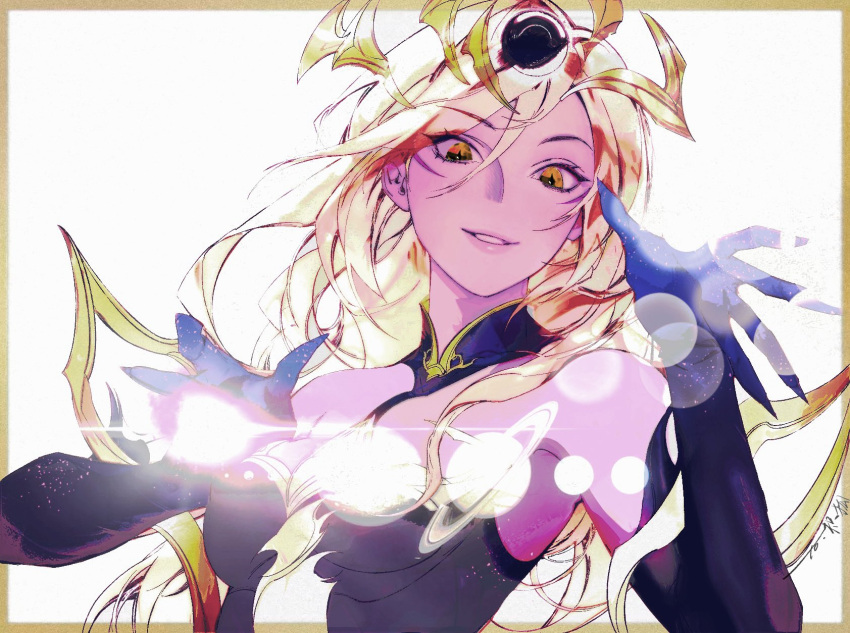 bare_shoulders black_dress black_gloves blonde_hair border breasts cleavage dark_cosmic_lux dress elbow_gloves english_commentary female floating_hair gloves hair_between_eyes hair_ornament highres jian_tai_(cuoyu0) large_breasts league_of_legends light long_hair looking_at_viewer lux_(league_of_legends) official_alternate_costume orange_border planet revision sidelocks signature simple_background smile solo upper_body white_background yellow_eyes