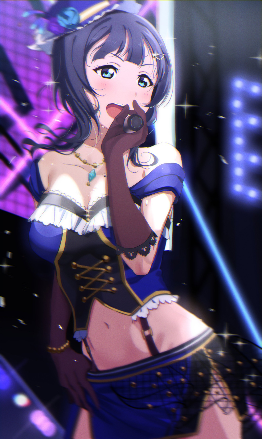 absurdres asaka_karin black_hair blue_eyes blue_flower blue_hair blue_headwear breasts cleavage collarbone cross-laced_clothes cross-laced_top female flower garter_straps gloves highres idol jewelry lace-trimmed_gloves lace_trim large_breasts love_live! love_live!_nijigasaki_high_school_idol_club medium_hair microphone midriff mole mole_on_body mole_on_breast mole_on_collarbone moshika28 navel necklace single_garter_strap solo stage stage_lights starlight_(love_live!) swept_bangs