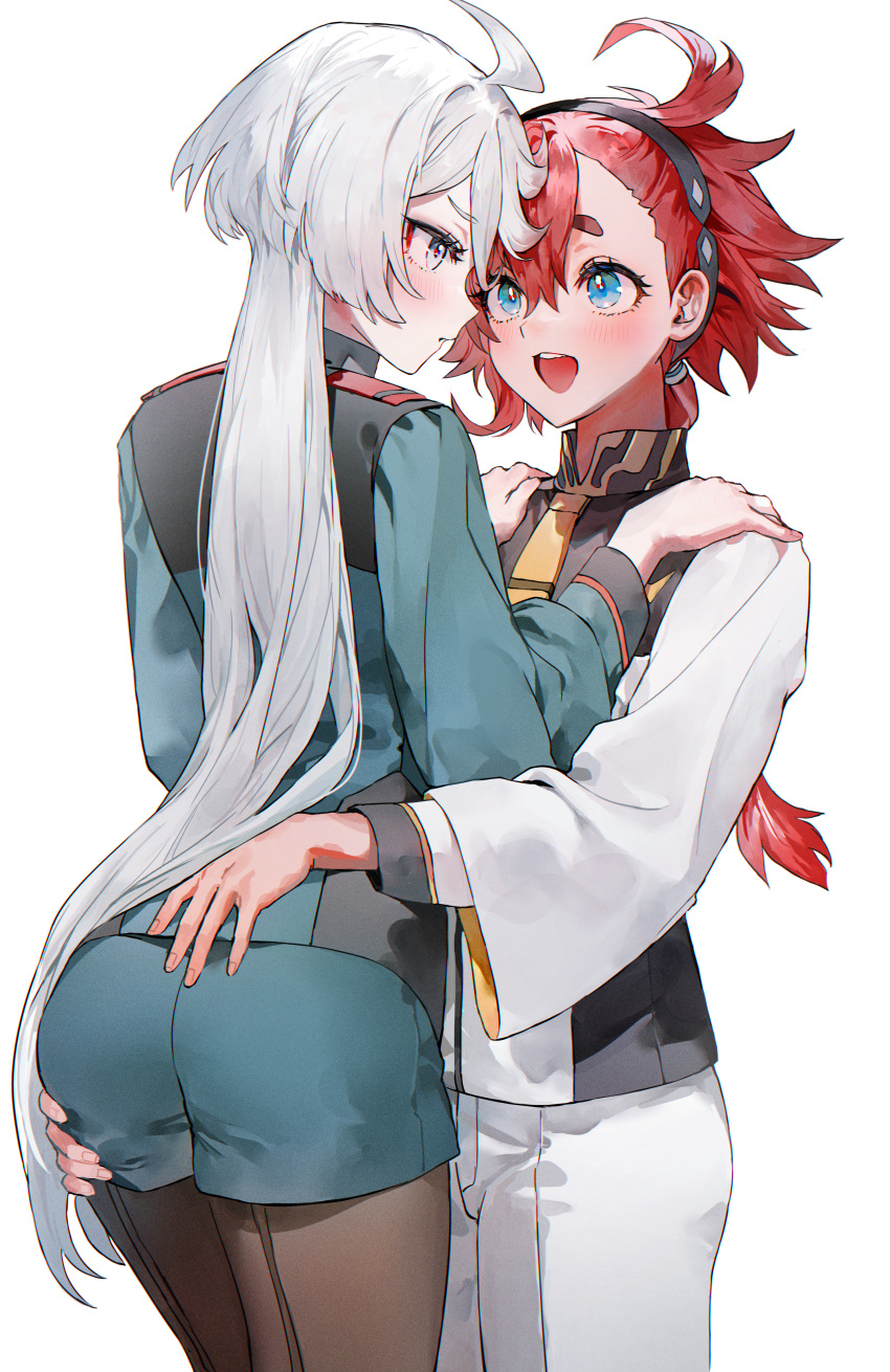 2girls absurdres ahoge aqua_eyes asticassia_school_uniform back-seamed_legwear blush brown_pantyhose eye_contact grey_eyes grey_hair gundam gundam_suisei_no_majo hair_between_eyes hands_on_another's_shoulders highres jacket long_hair long_sleeves looking_at_another miorine_rembran muaooooo multiple_girls open_mouth pantyhose red_hair school_uniform seamed_legwear shiny_pantyhose shoulder_boards simple_background smile suletta_mercury teeth thick_eyebrows upper_teeth_only very_long_hair white_background white_jacket wide_sleeves yuri