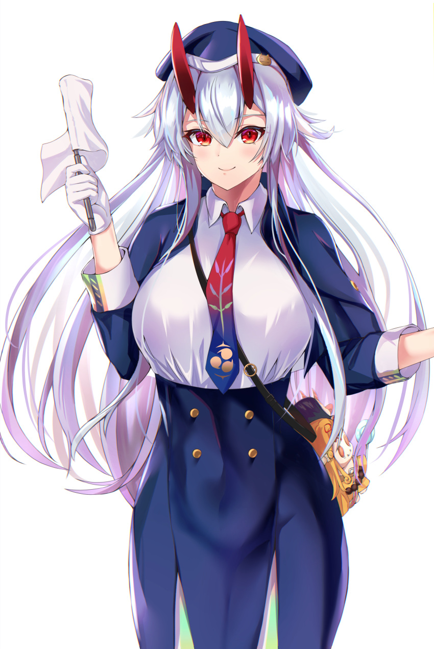 absurdres blue_necktie breasts collared_shirt fate/grand_order fate_(series) female flag gloves gradient_necktie grey_hair highres holding holding_flag horns large_breasts long_hair necktie oni_horns red_eyes red_necktie shirt solo tomoe_(symbol) tomoe_gozen_(fate) tomoe_gozen_(festival_outfit)_(fate) white_gloves white_shirt yahan_(mctr5253)