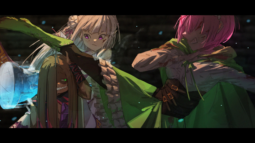 1boy 2girls blood blood_on_clothes blood_on_face brown_hair cape clenched_teeth commentary emilia_(re:zero) flower green_eyes grey_hair hair_flower hair_ornament hairclip hammer highres leg_up long_hair lye_batenkaitos multiple_girls pink_hair purple_eyes ram_(re:zero) re:zero_kara_hajimeru_isekai_seikatsu ro_ka_ro_ka sharp_teeth short_hair spoilers teeth weapon