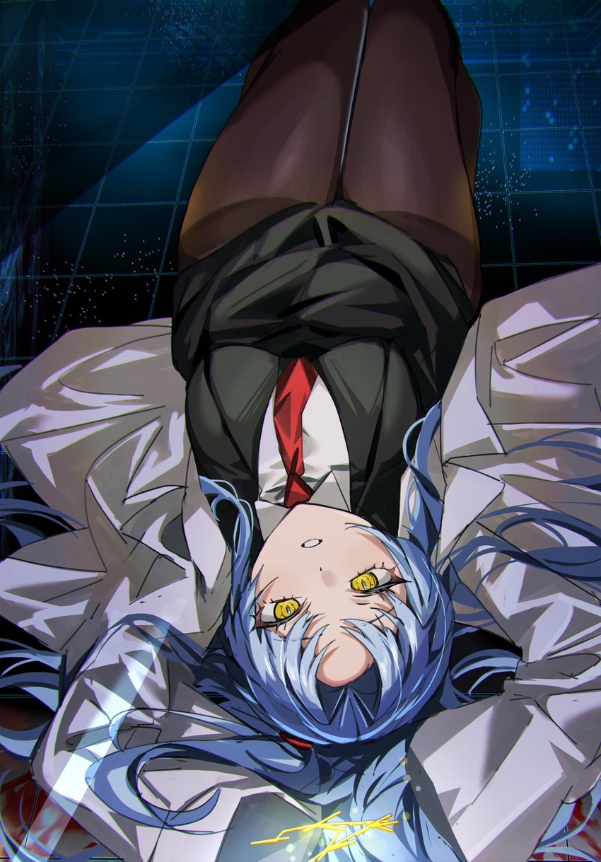 angela_(project_moon) arms_up black_skirt black_suit blood blood_splatter blue_hair coat cyberspace expressionless female formal hair_spread_out highres lobotomy_corporation looking_at_viewer mu46016419 necktie on_floor pantyhose parted_lips project_moon red_necktie skirt solo suit upside-down white_coat yellow_eyes