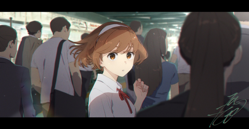 3boys 3girls blurry brown_eyes brown_hair business_suit crowd depth_of_field formal headband kobayashi_gen letterboxed long_hair looking_at_viewer looking_back multiple_boys multiple_girls ponytail sajima_yumi school_girl_strikers school_uniform shirt solo_focus subway_station suit t-shirt